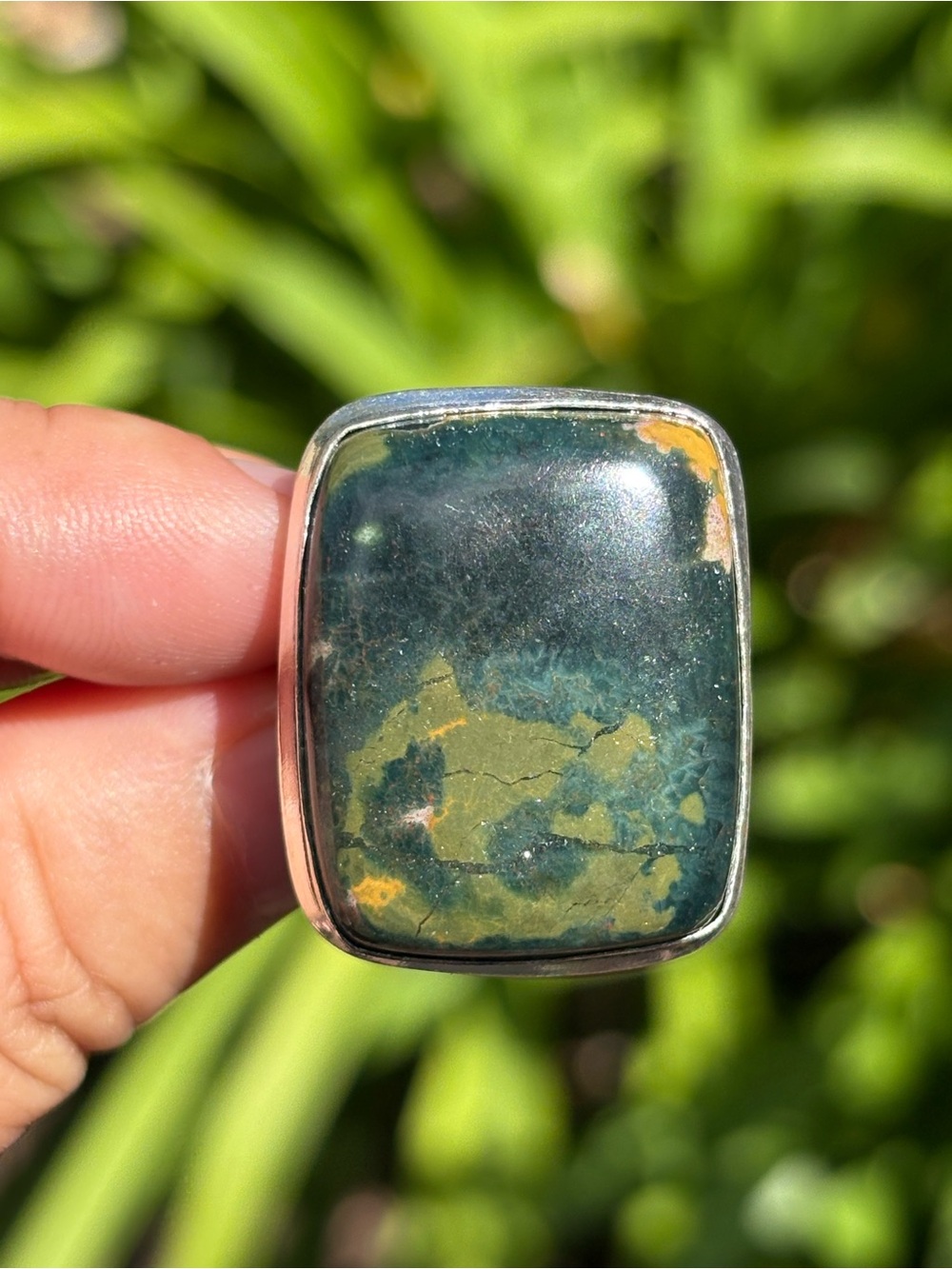 SIZE 7 Handcrafted Green and Gold Ocean Jasper Statement Ring